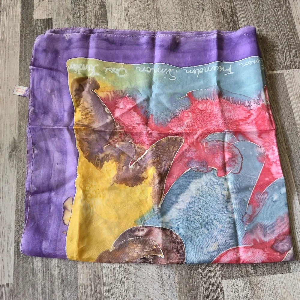 AUSTRIAN 100% Silk Scarf OS Hand Painted Abstract Watercolor Calligraphy - Picture 12 of 12